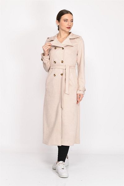 Nuseel Double Breasted Collar Faux Suede Trench Coat Beige