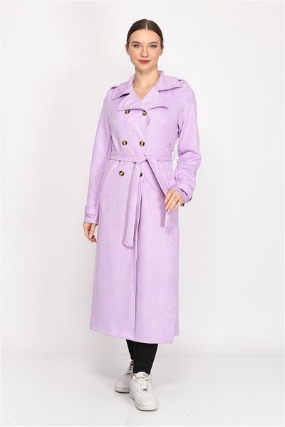 Nuseel Double Breasted Collar Faux Suede Trench Coat Lilac