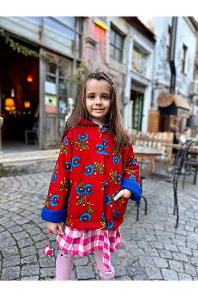 HATİCE CİVELEK Karanfil Desen İçi Mavi Polar Çift Taraflı Çocuk Pazen Kaban HC