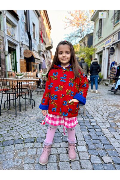 HATİCE CİVELEK Karanfil Desen İçi Mavi Polar Çift Taraflı Çocuk Pazen Kaban HC