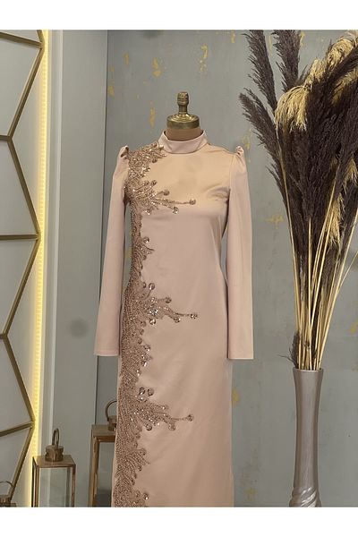 Surikka Μπροστινό κέντημα απλικέ Μολύβι Crescent Hijab Βραδινό Φόρεμα Mink