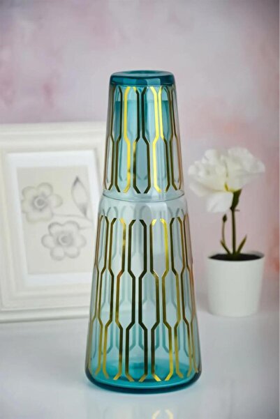 Tiesa Home Altıgen Motifli Yaldızlı Cam Bardaklı Başucu Sürahisi 1 L Turkuaz