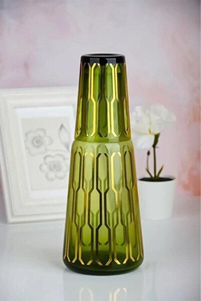 Tiesa Home Altıgen Motifli Yaldızlı Cam Bardaklı Başucu Sürahisi 1 L Yeşil