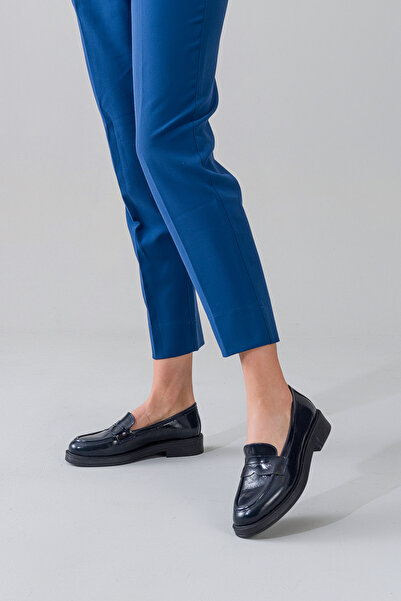 GNS Shoes Hakiki Lacivert Rugan Deri Kadın Ayakkabısı Loafer