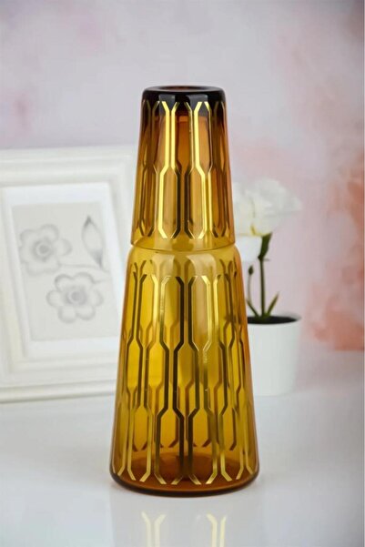 Tiesa Home Altıgen Motifli Yaldızlı Cam Bardaklı Başucu Sürahisi 1 L Sarı