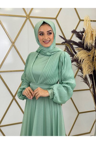 Surikka Πλισέ Buse Hijab Βραδινό Φόρεμα Πράσινο Φιστίκι