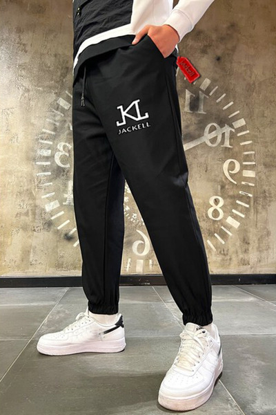 jackell Academy Wwl Baskılı Paça Lastikli Siyah Unisex Slimfit Eşofman Altı