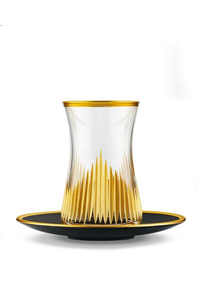 DECOSTYLE Pasabahce 12 Piece Gold Black Plate Hisar Cutting Art Tea Set