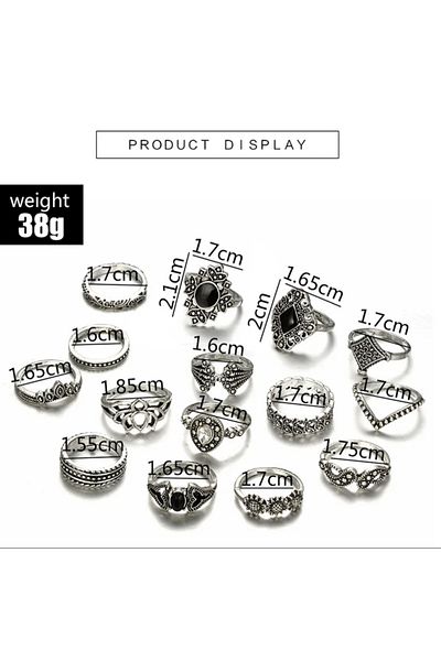 Girift Vintage Mirage 15 Pieces Black Jewelled Ring Set