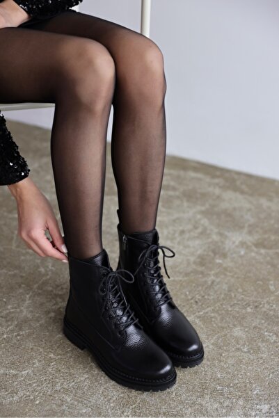 selinshoes Pablo Deri Bağcıklı Kadın Bot - SİYAH