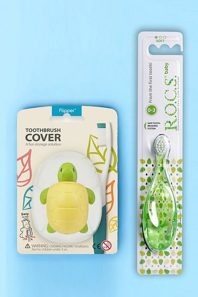 R.O.C.S. Baby 0-3 Years Toothbrush and Flipper Hygienic Storage Container Set - Turtle Figured-green