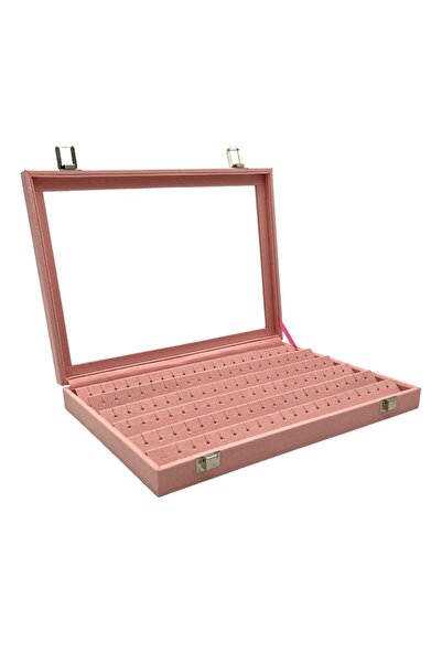 Zeyn Dekor Cam Kapaklı Küpe Kutusu Pembe Süet Kaplama Şık Düzenleyici