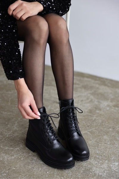 selinshoes Pablo Deri Bağcıklı Kadın Bot - SİYAH