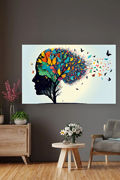 Tree Flowers and Butterflies in the Human Brain Mental Health Concept HD Quality Canvas Painting