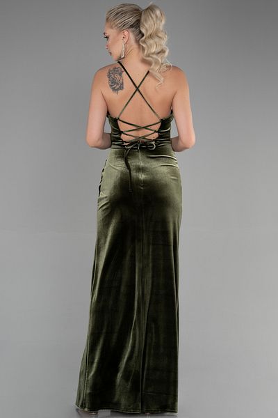 Abiyefon Khaki Leg Low-cut Underwire Corset Long Velvet Evening Dress ABU3395