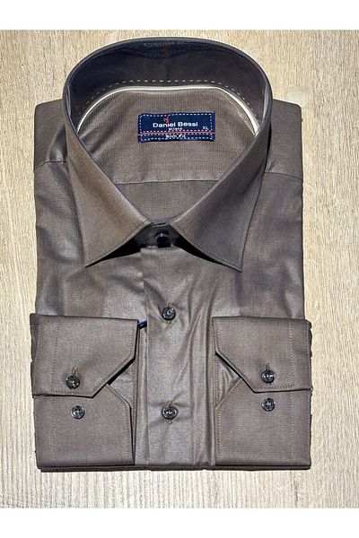 Daniel Bessi Μακρυμάνικο Slim Fit Basic Βαμβακερό Καφέ Κλασικό Ανδρικό Πουκάμισο