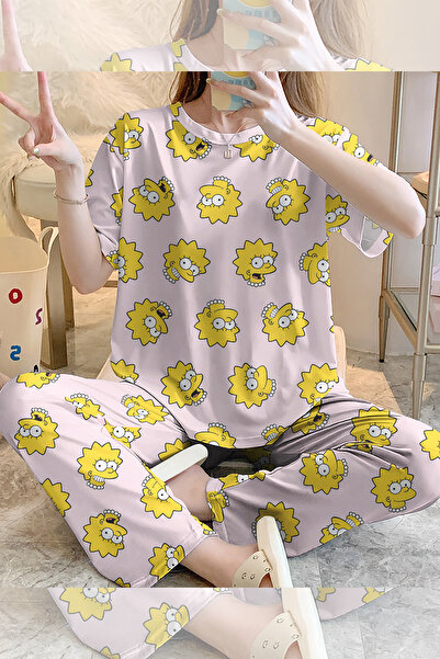 PEMBİŞ HOMEWEAR طقم بيجامة بأكمام قصيرة من Lisa Simpsons Supersoft Basic Sing...