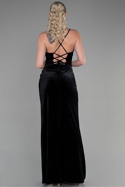 Abiyefon Long Velvet Evening Dress - Black, Leg Cut, Underwire Corset ABU3395