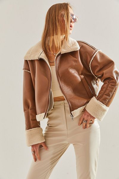 Bianco Lucci Pelziger Ledermantel für Damen mit Seitentaschen