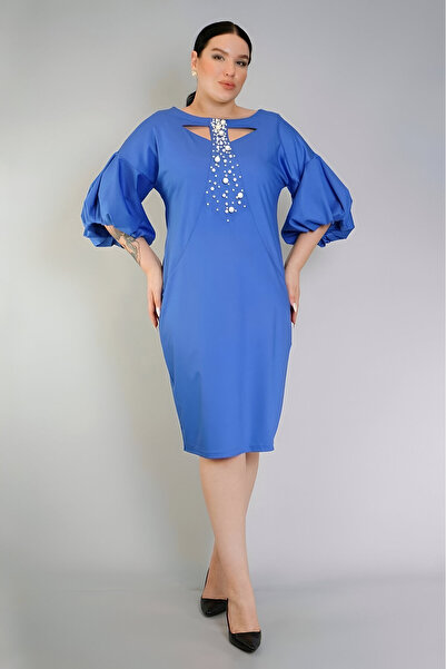 ModaMania فستان متوسط الطول ذو أكمام بالون وياقة مرصعة بالأحجار