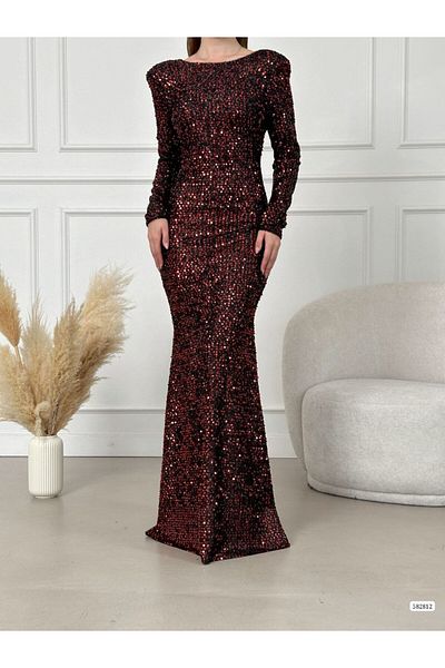 dükkan10butika Women's Long Sleeve Bearded Sequin Fabric Back Low-cut Slim Fit Long Fish Model Evening Dress Red