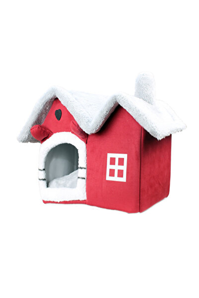 Kedi evi Yumuşak kedi yatağı derin uyku ve kış evi çıkarılabilir minder -VİLLA ( KIRMIZI )1ADET