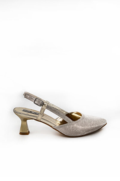 Gül Kundura Kadın Simli Lite Altın Abiye Topuklu Ayakkabı