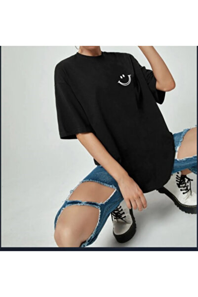 Pelna T-shirt Oversize kroj Crni Smle Štampano okrugla kragna