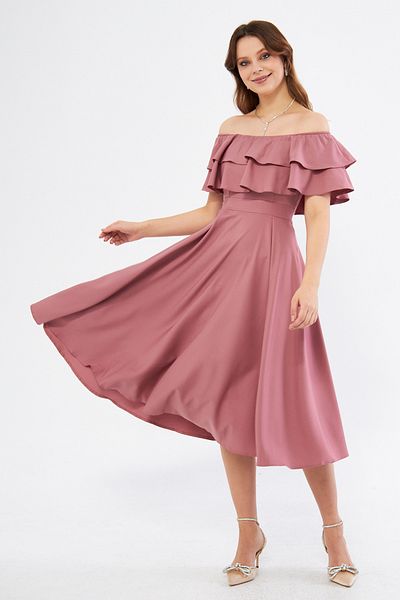 Bidoluelbise Dusty Rose Ruffle Neckline Off Shoulder Flowy Woven Fabric Midi Length Homecoming & Evening Dress