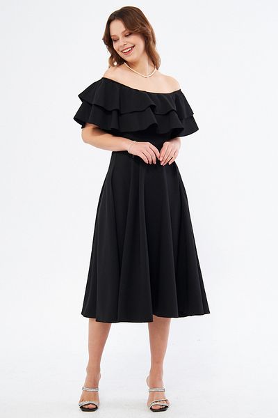 Bidoluelbise Black Ruffle Neckline Off Shoulder Flowy Woven Fabric Midi Length Homecoming & Evening Dress