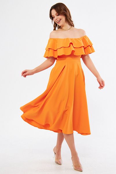 Bidoluelbise Orange Ruffle Neckline Off Shoulder Flowy Woven Fabric Midi Length Homecoming & Evening Dress