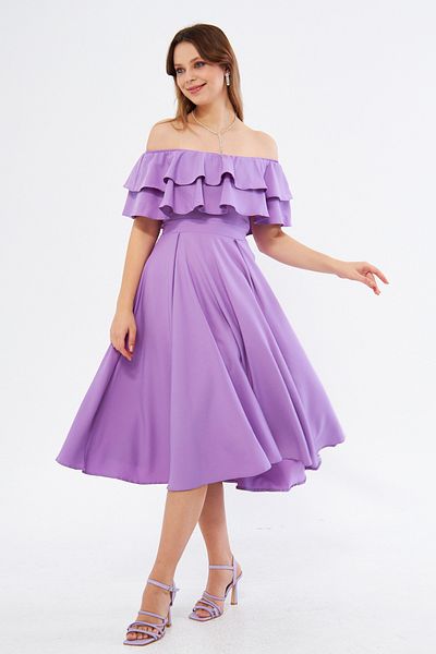 Bidoluelbise Lilac Ruffle Neckline Off Shoulder Flowy Woven Fabric Midi Length Homecoming & Evening Dress