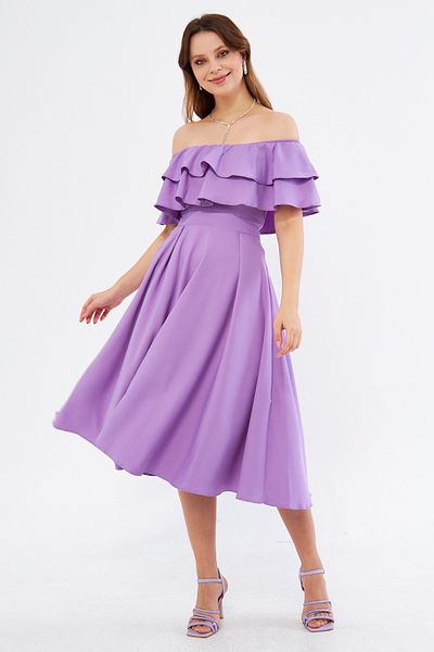 Bidoluelbise Lilac Ruffle Neckline Off Shoulder Flowy Woven Fabric Midi Length Homecoming & Evening Dress