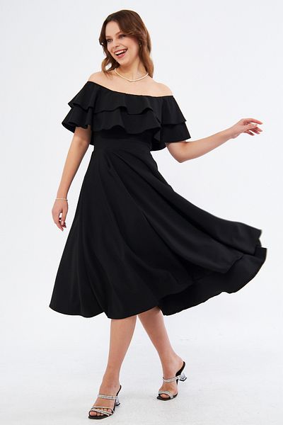 Bidoluelbise Black Ruffle Neckline Off Shoulder Flowy Woven Fabric Midi Length Homecoming & Evening Dress