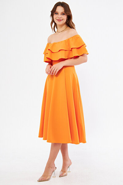 Bidoluelbise Πορτοκαλί βολάν γιακά με υφαντό ύφασμα μίντι μήκους Φόρεμα επιστροφής στο σπίτι & βραδινό φόρεμα