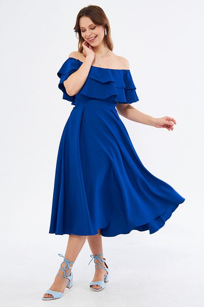 Bidoluelbise Sax Blue Ruffle Collar Off-Shoulder Flowy Woven Fabric Midi Length Homecoming & Evening Dress