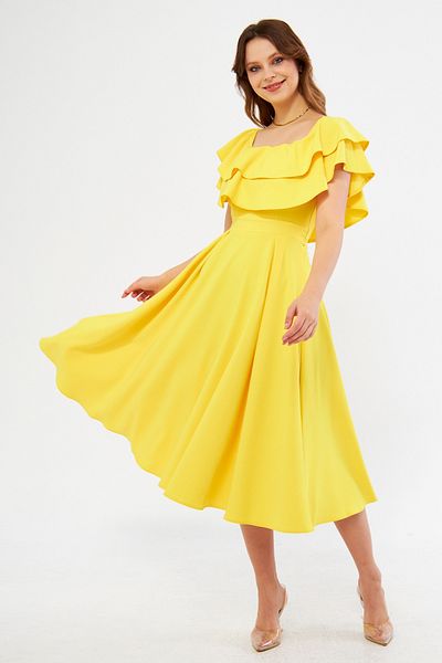 Bidoluelbise Yellow Ruffle Neckline Off Shoulder Flowy Woven Fabric Midi Length Homecoming & Evening Dress