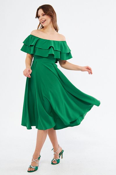 Bidoluelbise Grass Green Ruffle Collar Off-Shoulder Flowy Woven Fabric Midi Length Homecoming & Evening Dress
