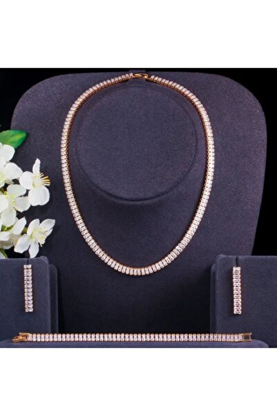 Power Es Kararmaz Paslanmaz Baget Kesim Su Yolu Taşlı Gold Renk Çelik Kolye+Bileklik+Küpe Set Takım