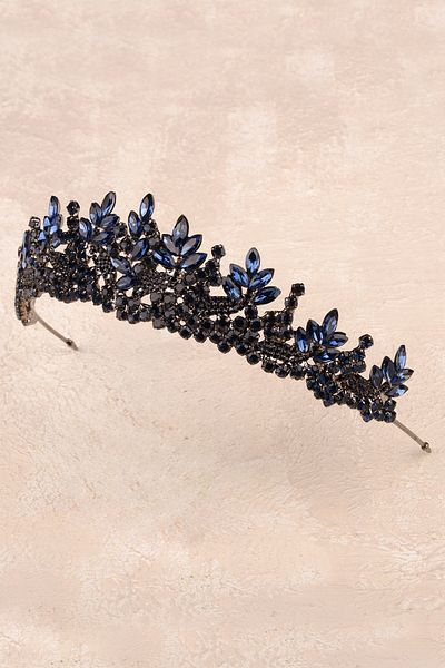 Hayalperest boncuk Wedding and Henna Night Special Bridal Wedding Crown with Crystal Stones Dark Blue