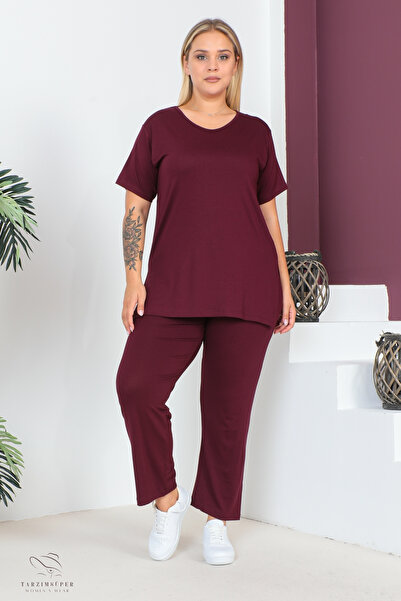tarzımsüper Plus Size Comfort Model 2-Piece Set with Elastic Waist Trousers Tunic T-Shirt Double Top-Bottom Set