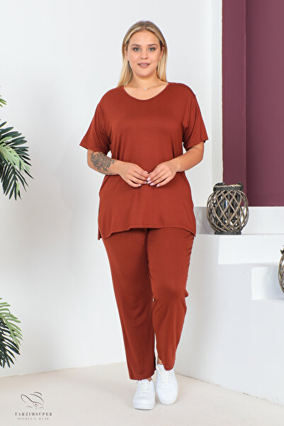 tarzımsüper Plus Size Comfort Model 2-Piece Set with Elastic Waist Trousers Tunic T-Shirt Double Top-Bottom Set