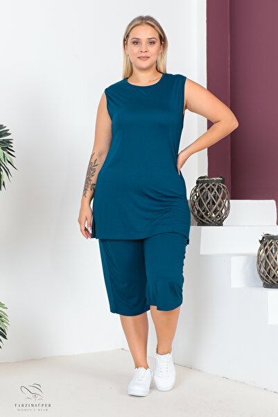 tarzımsüper Set de 2 piese Capri, model confortabil de mărime mare, cu talie elastică și pantaloni scurți capri cu buzunare, set de două piese