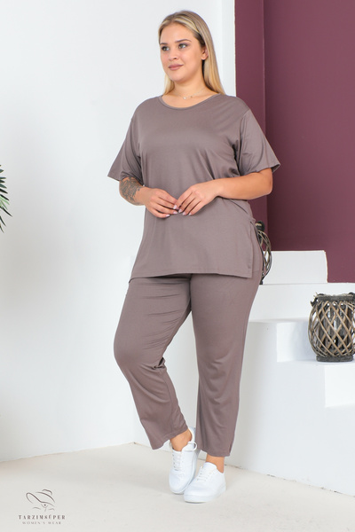 tarzımsüper Plus Size Comfort Model 2-Piece Set with Elastic Waist Trousers Tunic T-Shirt Double Top-Bottom Set