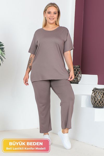 tarzımsüper Plus Size Comfort Μοντέλο σετ 2 τεμαχίων με ελαστικό παντελόνι μέσης T-shirt Σετ διπλό πάνω-κάτω