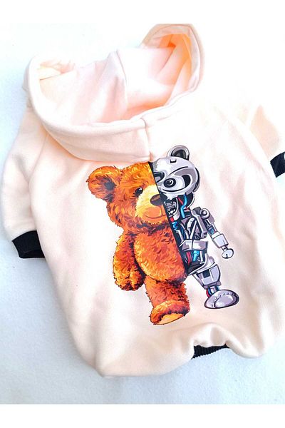 PATİBÖR BearRobo Cream 100% Cotton Fabric Dog Apparel Hooded Sweatshirt with Fleece Inside