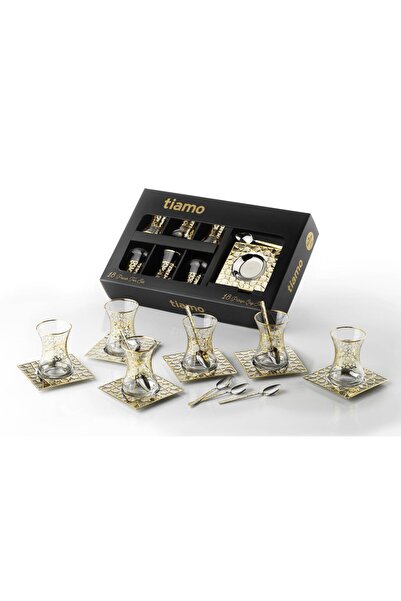 Tiamo طقم شاي مكون من 18 قطعة - كوب شاي سلجوقي مع التذهيب الذهبي