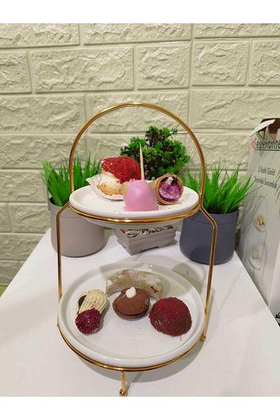 devigo 2 Tiers Round Presentation Rack 2 Tiers Gold Detailed Round Plate Presentation Stand