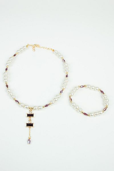 Liveyn Design Baguette Tip Glass Pearl Necklace and Bracelet Set