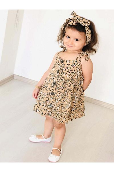 ASIA GİYİM Girl's Dress Strappy Midi Length Buttoned Cotton